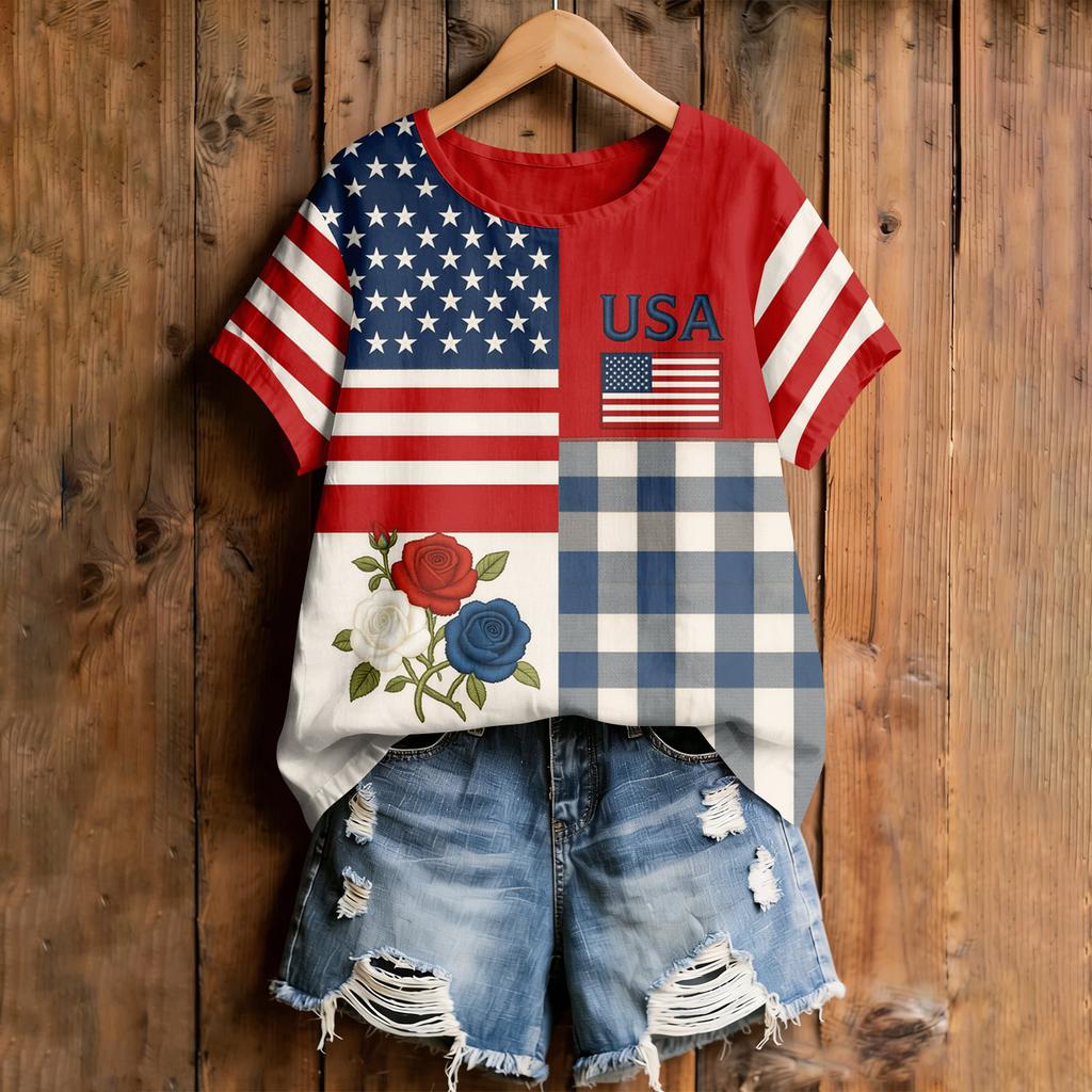 Women's American Floral Patchwork Print Casual T-Shirt 250Th Anniversary USA Shirt Patriotic Tshirt
