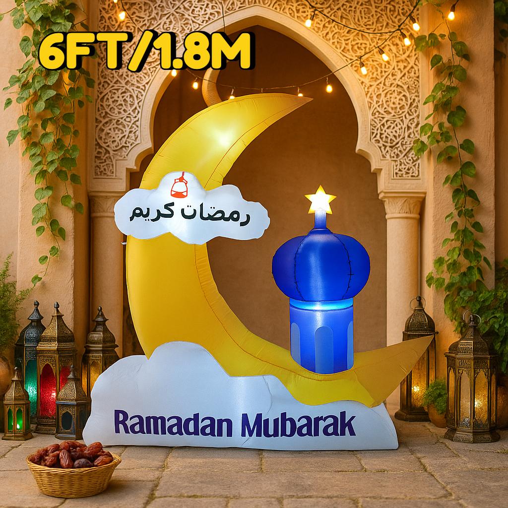 1.8M/6FT Ramadan Mubarak Inflatable Yellow Crescent Blue Dome Star Decor Islamic  Decorative Supplie Ramadan Inflatable For Yard