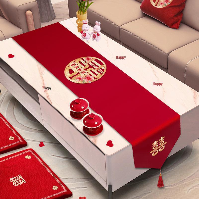 Red Wedding Table Runner & TV Cabinet Cover Set - Bridal Room Decoration & Dining Tablecloth