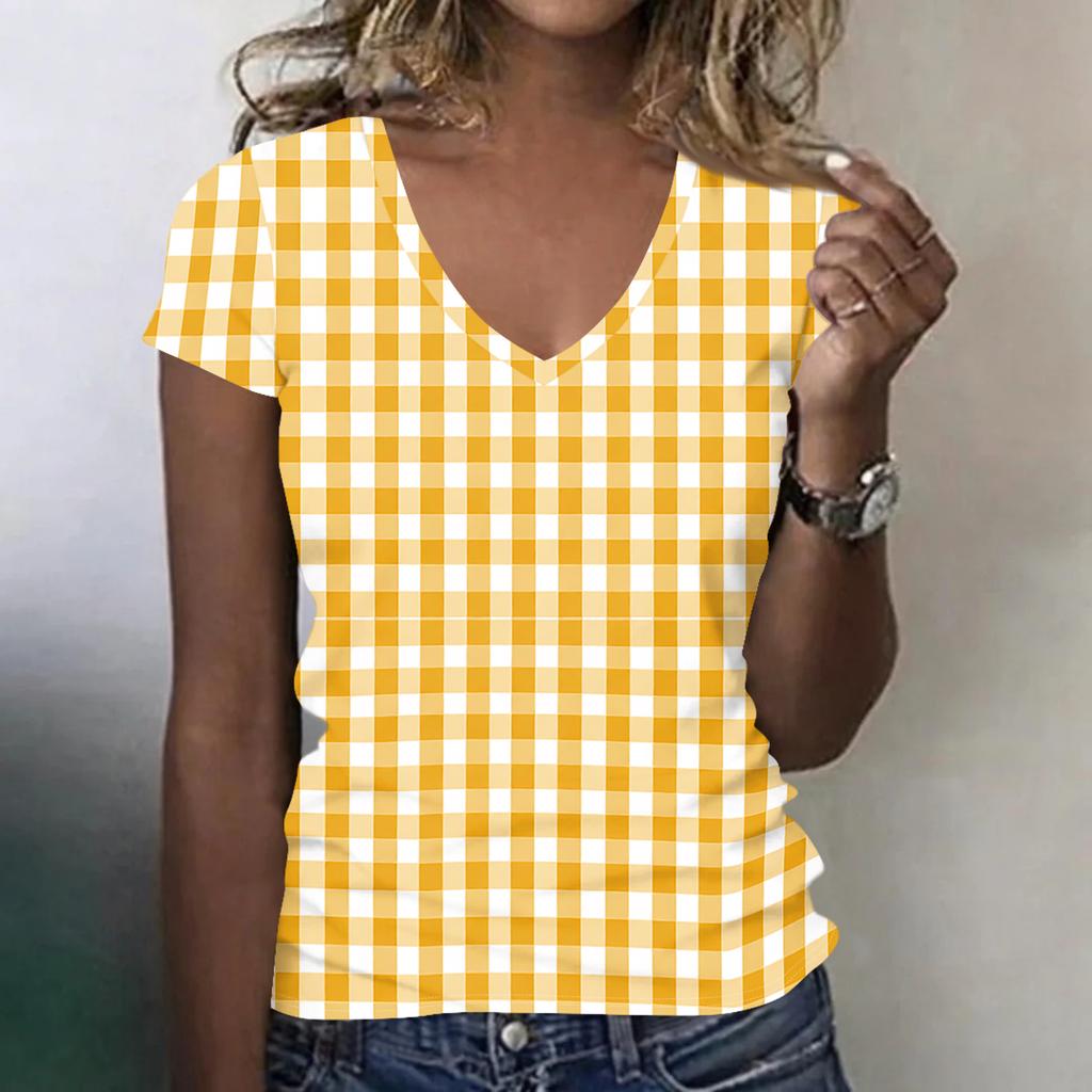 Women’s Fashionable Casual V-neck Short-sleeved Check Print Slim-fit Lightweight T-shirt Top