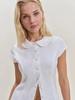 French Minimalist Linen Short-Sleeve Shirt with Elegant Doll Collar