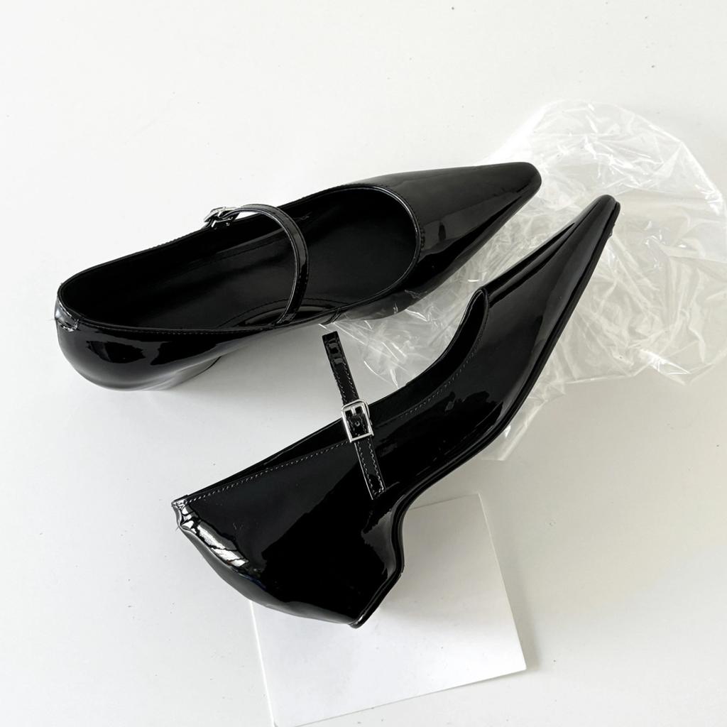 Sheepskin Version French One-word Buckle with Thick Heel Inner Height Increase Mary Jane Women's Shoes Pointed Single Shoes Light Mouth Commut