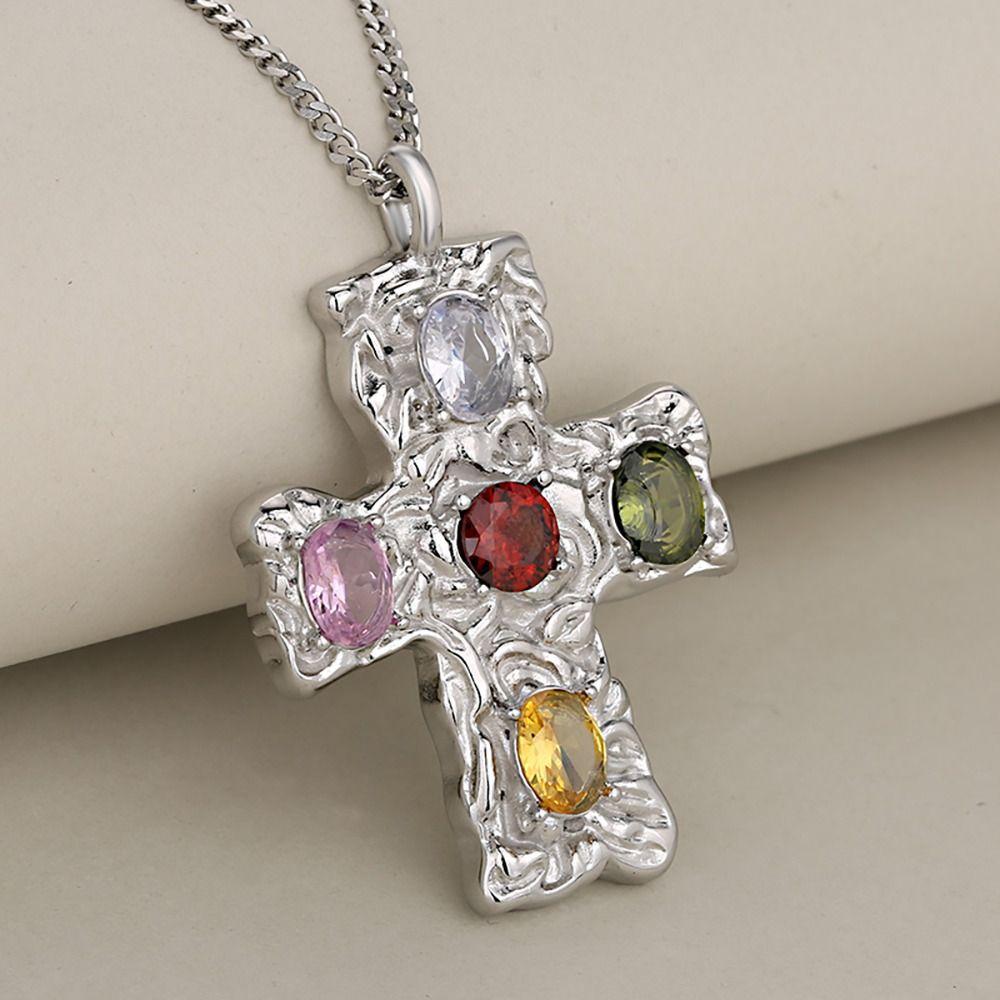 Colorful Crystal Zirconium Pendant Necklaces Hammered Necklace Fashion Cross Necklace  Women Men