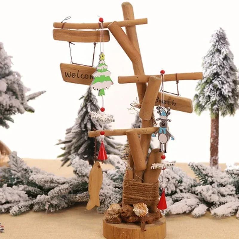 Christmas Style Decoration Wooden Xmas Tree Bell Hanging Pendant Ornament Handmade DIY Wood Crafts Kids Gift Party Decor