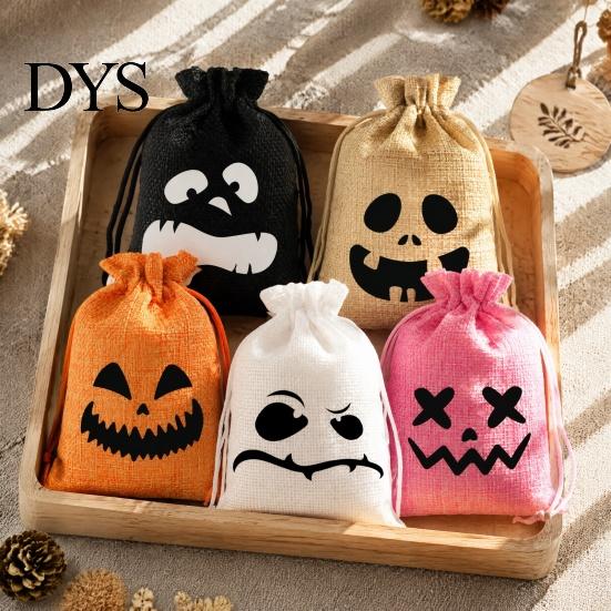 Party Candy Packaging 5Pcs Halloween Bags with Drawstring, Funny Ghost Pumpkin Print Gift Pouches for Favors And Trick or Treat Sacks, Decorative