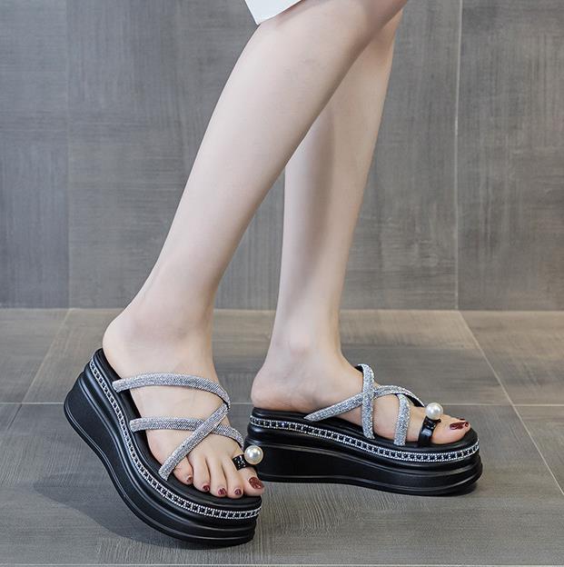 Fashion 7.5CM Synthetic Rhinestone Slippers Luxury Sandals Elegance Leisure Fashion New Summer Women Bling Platform Wedge Flats Shoes