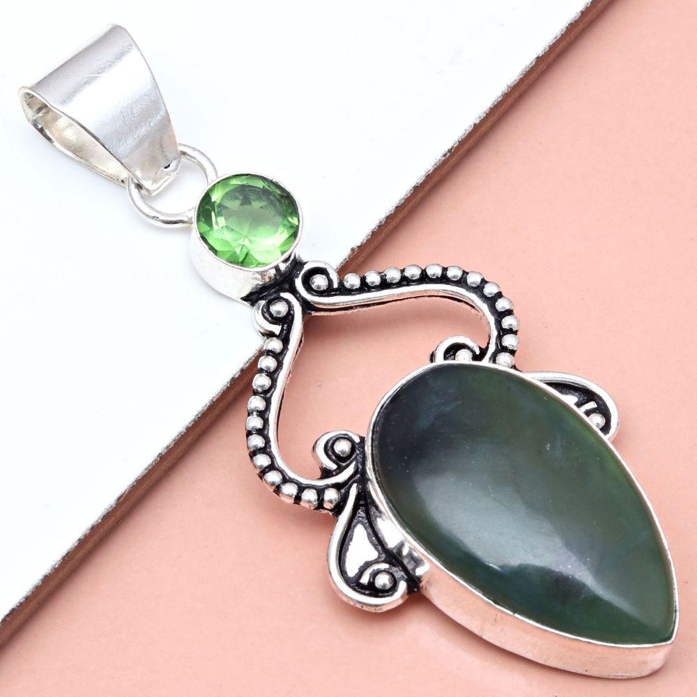 Pendant Vassolite Peridot Quartz Gemstone Silver Jewelry 2.75"