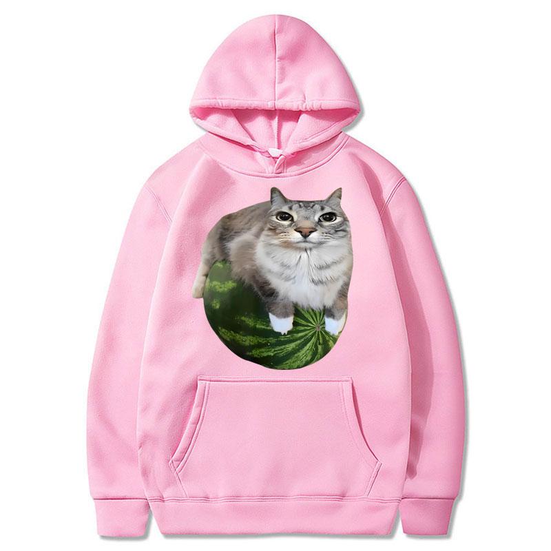 Funny Silly Watermelon Cat Meme Hoodie Women Humor Stylish Hilarious Long Sleeve Oversized Fleece Casual Pullover Streetwear