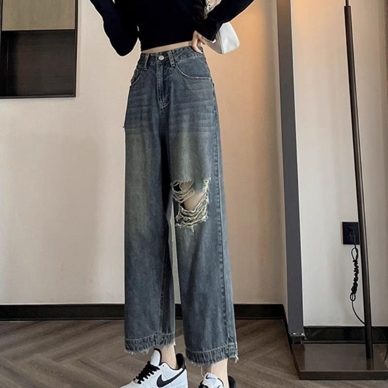 Hong Kong Retro Women's Ripped Slimming Wide-Leg Jeans, Nine-Tenth Length, Summer 2026 Style