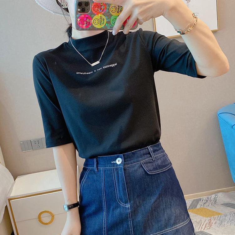 

Весенне-летняя новая женская футболка с принтом букв, белая однотонная, со средним рукавом и полувысоким воротом, базовая XXL чёрный