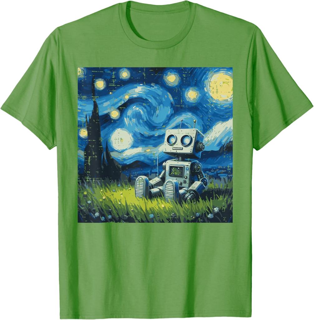 Starry Night Robot Graphic Tee Cotton Round Neck Casual TShirt Art Painting Print Tops for Men Women