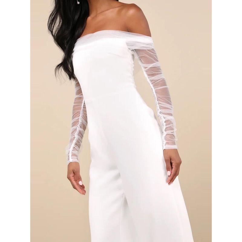 Foreign Trade Order Lu's Summer New Mesh Perspective Long Sleeve off-Shoulder Simple White Fashion Jumpsuit Women