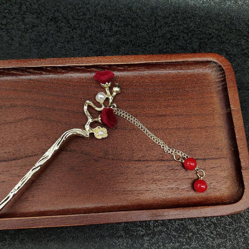 New Chinese Style Red Rose Fringe Hairpin Vintage Rose Hair Sticks Hairwear For Women Hair Fork Disk Hair Chopsticks Headdress