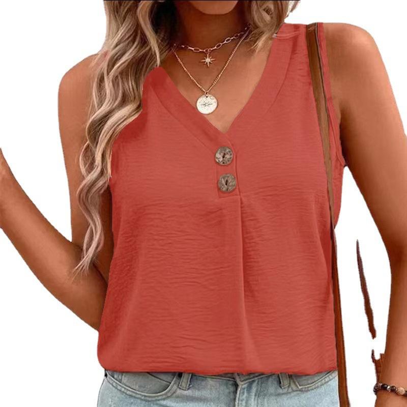 Women Summer Casual Sleeveless Pullover Solid Color Button Vest Top