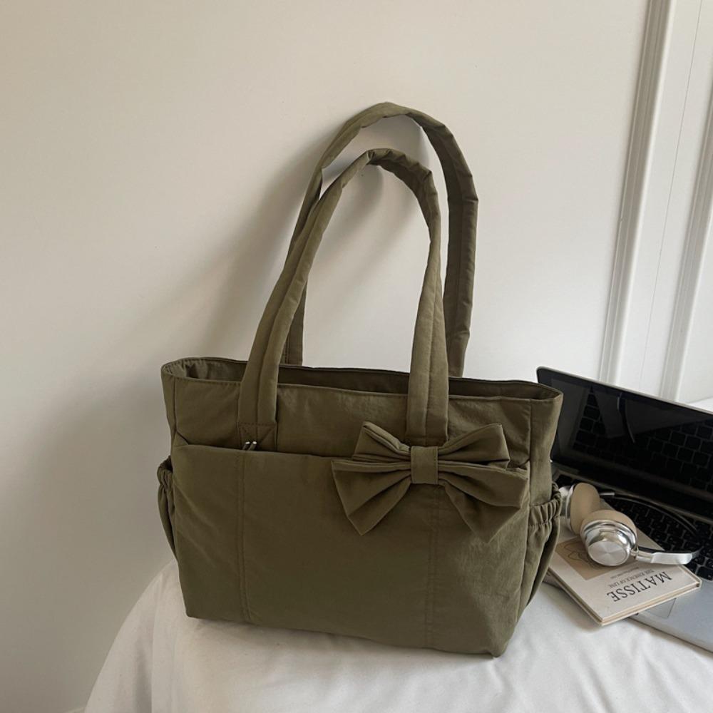 Large Capacity Cotton Padded Shoulder Bag Solid Color Nylon Handbag Bow Tote Bag  Travel Bag