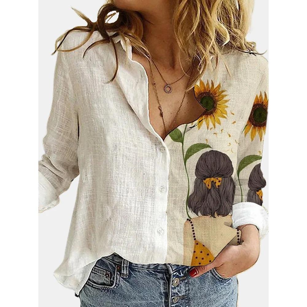 Fashion Stitching Retro Face Print Long Sleeve Blouse Women Lapel Button Casual Top Lady Shirts