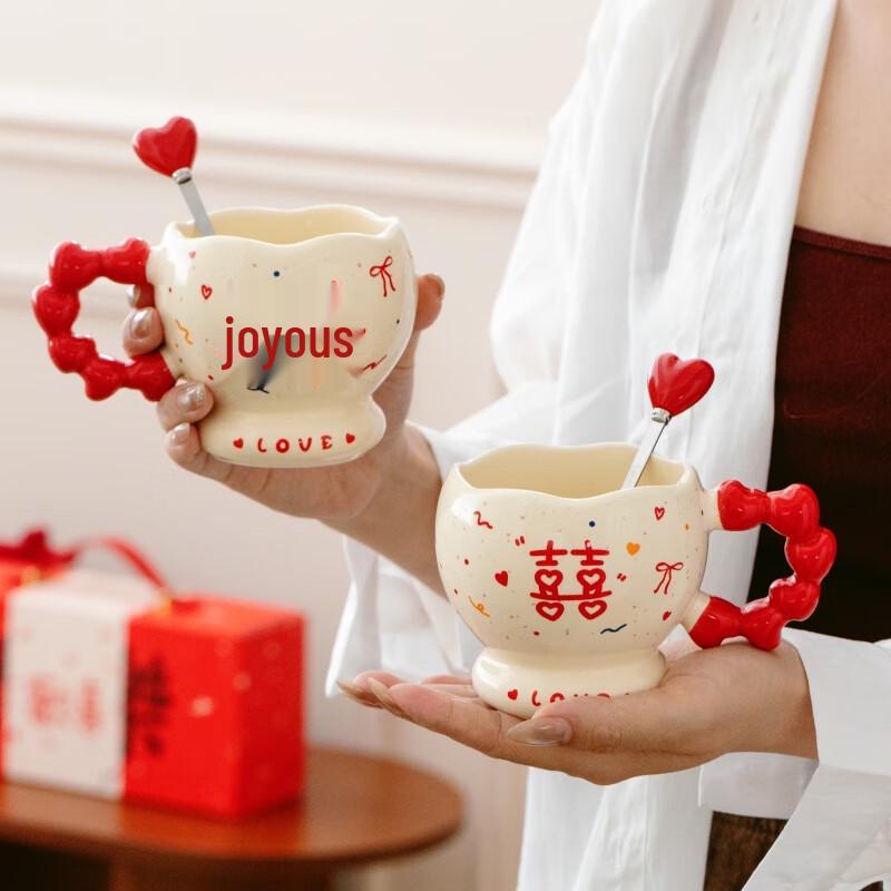 Festive Love Ceramic Couple Mugs with Spoons
