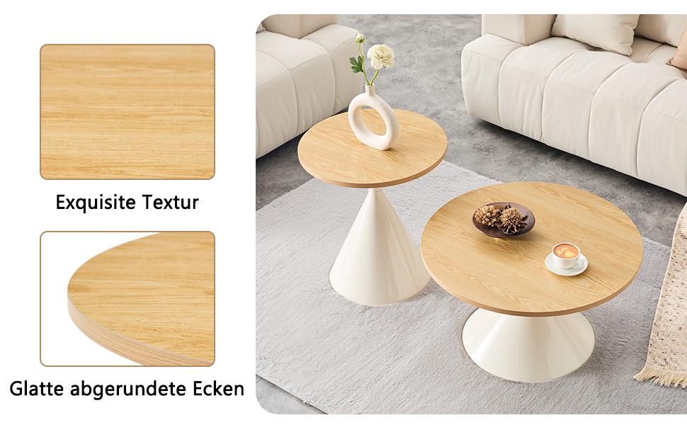 Hourglass Series 2-Piece Coffee Tables with Conical Shape, Melamine Tabletop in Wood Look + Cream Metal Base, Stackable, Living Room, Bedroom & Office