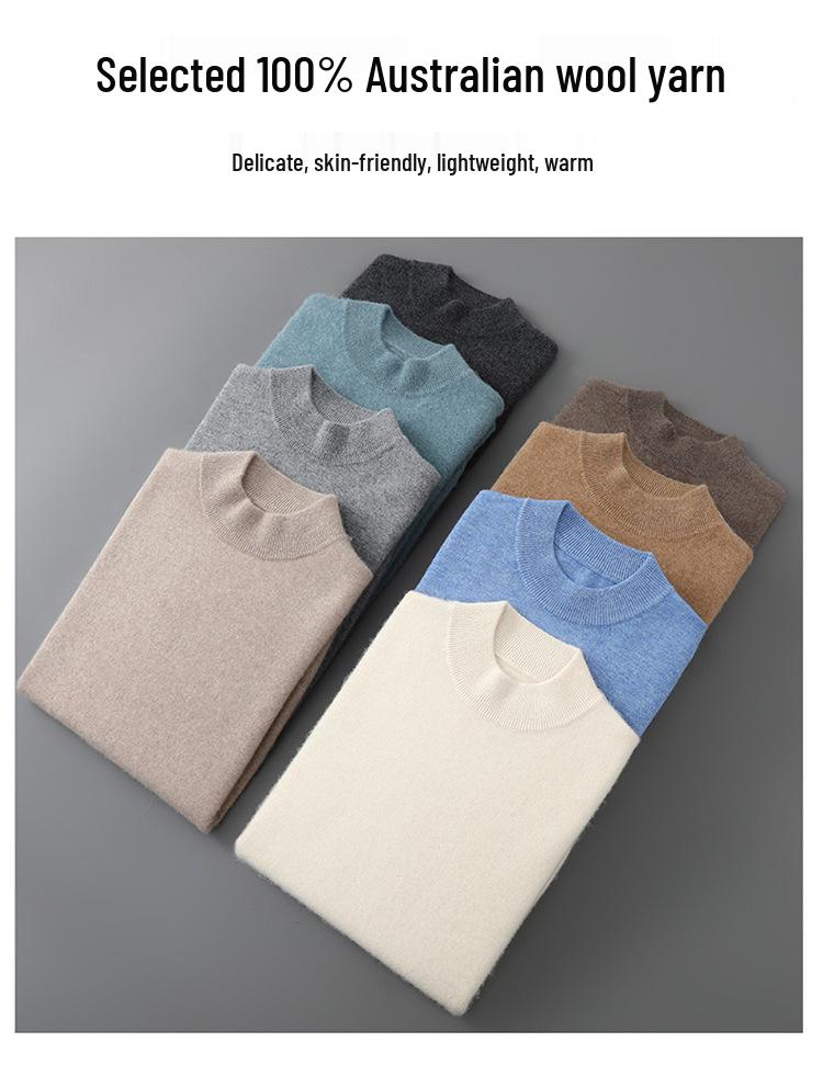 Men's Pure Wool Half-High Neck Knit Sweater - Autumn/Winter Casual Pullover