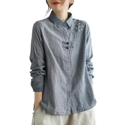 Spring Art Retro Plaid Cotton Linen Shirts Checkered Top Women's Vintage Embroidered Chinese Style Button Blouse
