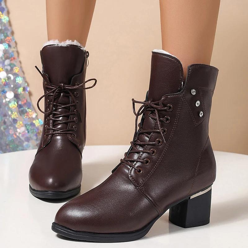 Winter Warm Plush Ankle Boots Women Fashion Crystal Chunky High Heels Booties Women Zipper Lace Up Faux Leather Botas Mujer