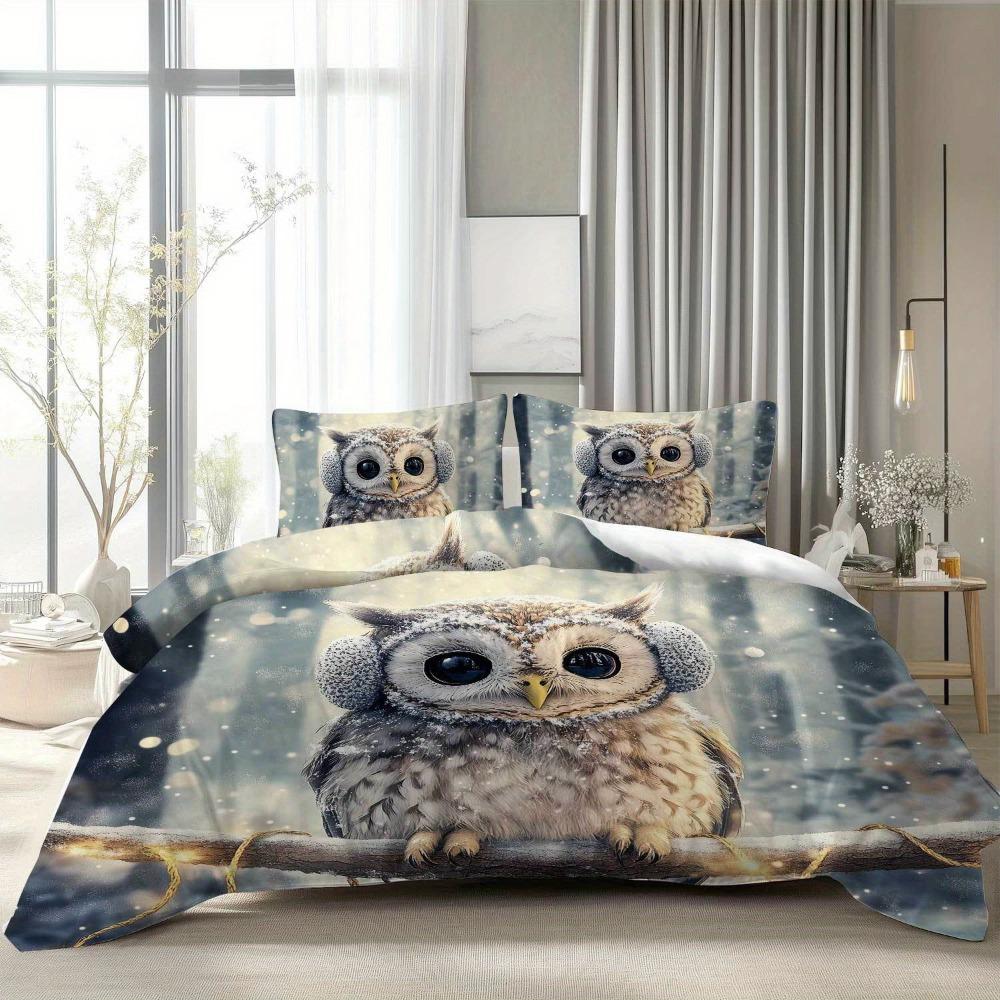 3pcs White Bedding Set Lovely Funny Owl Print Cozy Duvet Cover Set King Queen Twin Single Size Birthday Gift Bedroom Decoration