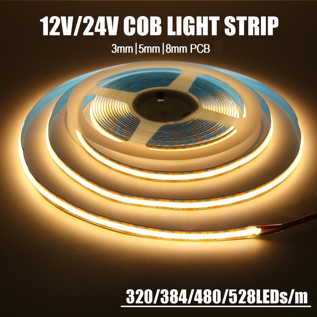 DC 12V 24V COB LED Strip Light 320 384 480 528LEDs High Density Flexible Tape 3mm 5mm 8mm PCB COB Linear Light 3000K 4000K 6000K