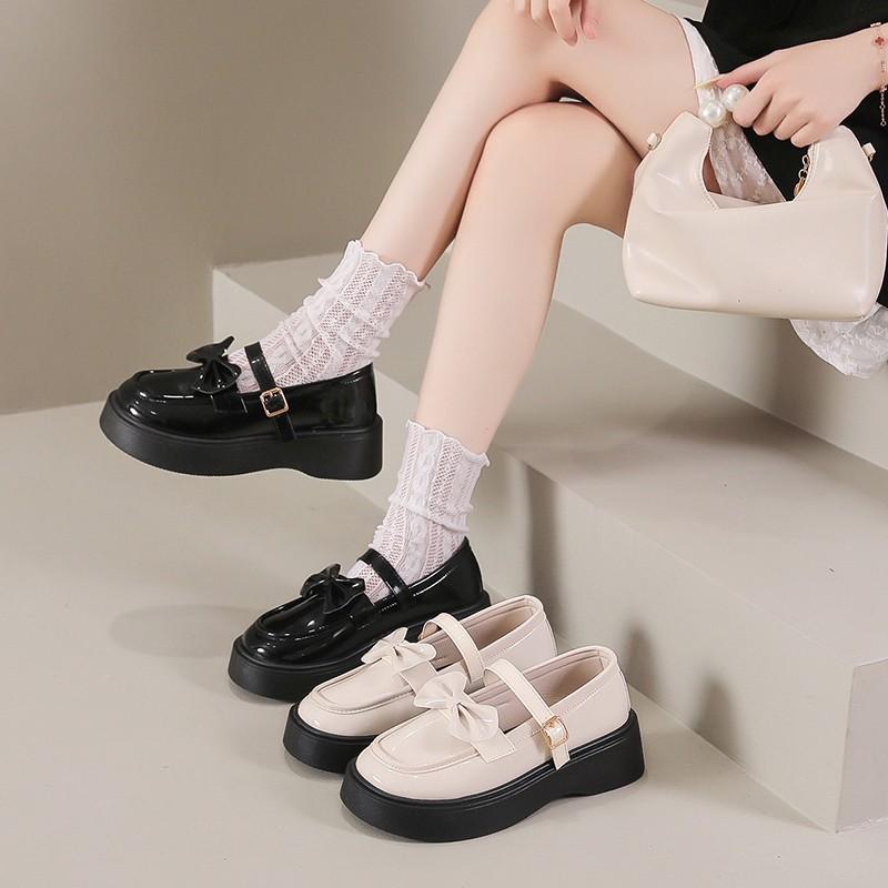 Fashion Women's Shoes Buckle  Jane Shoes Round Toe Solid Loafers Pumps Fashion JK Uniform Shoes Butterfly Knot Platform Leather Shoe