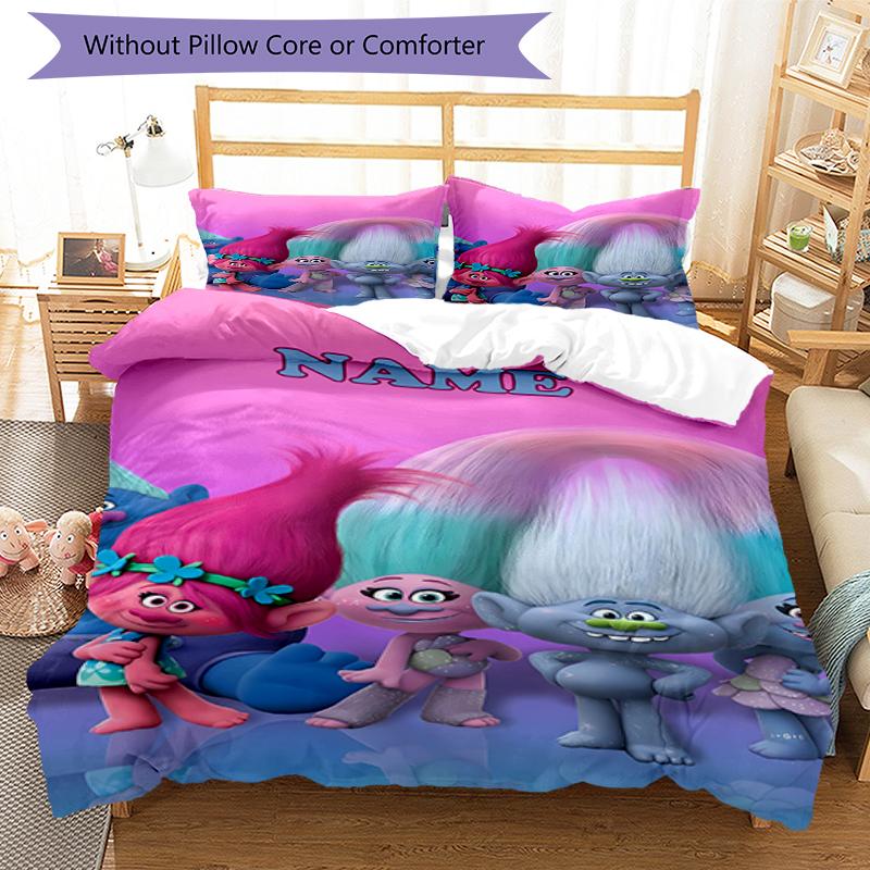 3pcs Custom Name Trolls Bedding Set Duvet Cover Closure Includes 1 Duvet Cover & 2 Pillowcases, Soft and Comfortable for All Seasons.