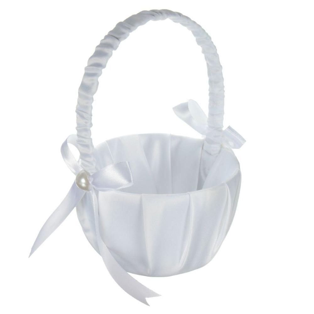 20 Cm White Flower Girls Basket Pearl Bow Kids Hand Held Wedding Basket Silk Wedding Ceremony Party Decorations