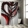 Modern Abstract Design Shower Curtain Set With Black Red Brush Strokes For Bathroom Decoration White Tub