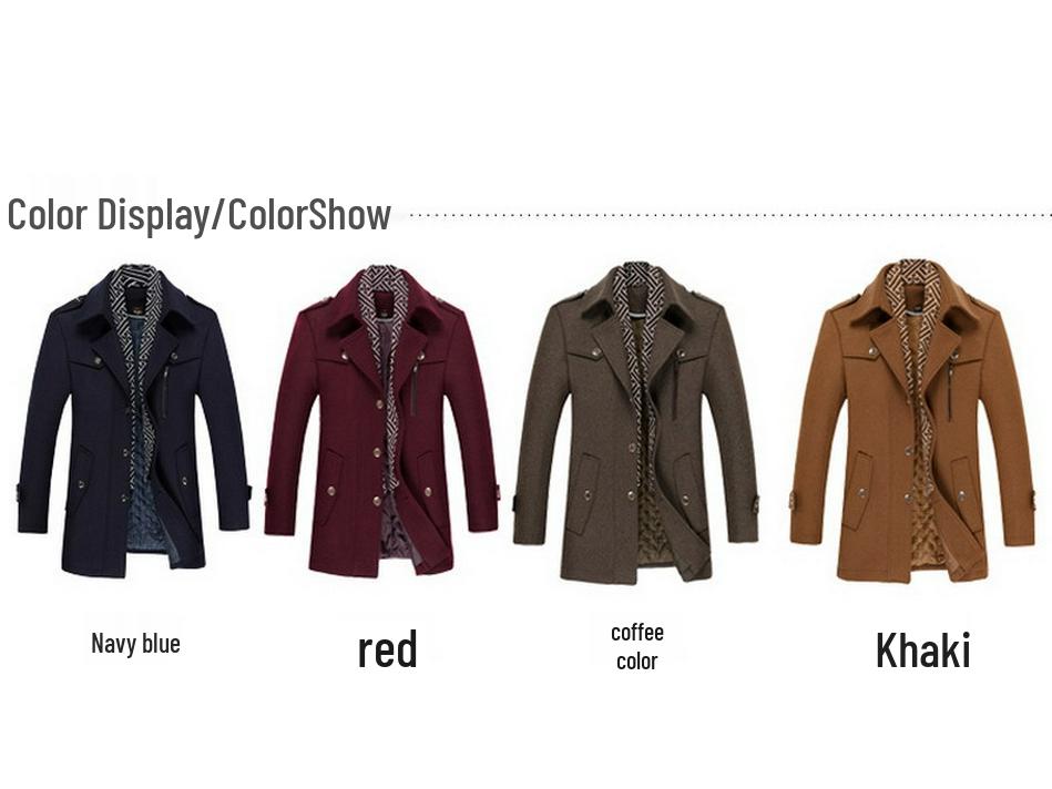 Men's Mid-Length Wool Coat with Scarf Collar and Thick Cotton Lining