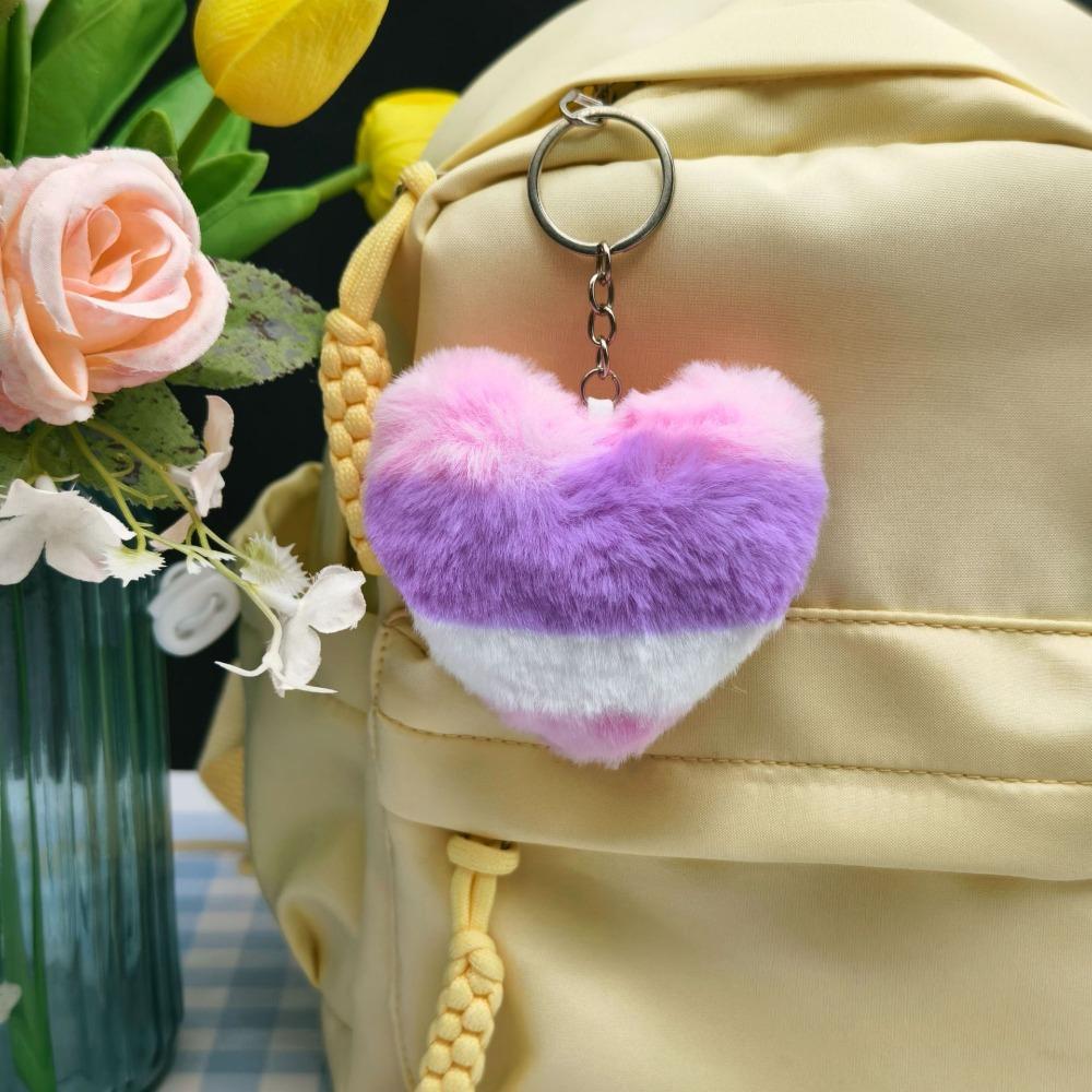 Cute Personalization Color Heart Shaped Fluff Pompomy Keychain Pendant Car Backpack Accessories Key Ring Boys and Girls Gift