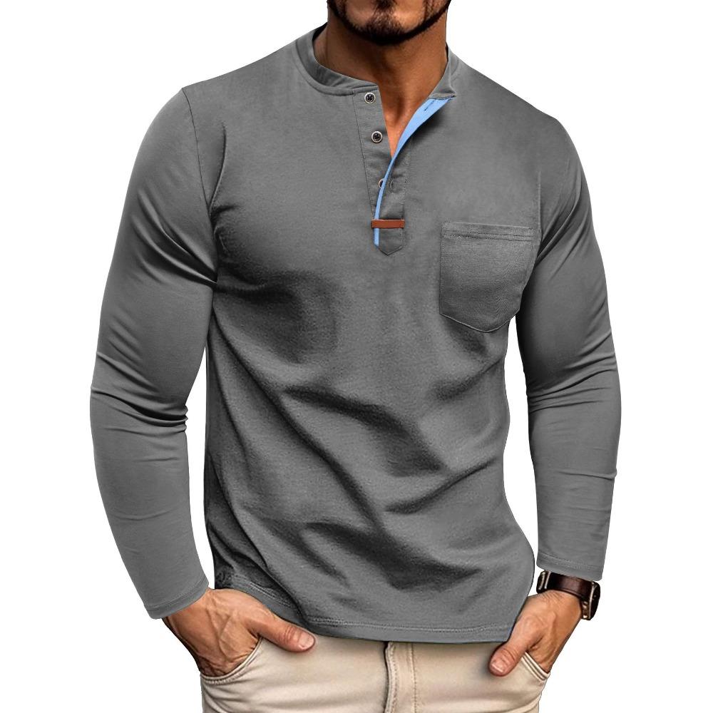 Men s long-sleeved henley shirt, round-neck T-shirt, colour-block top, men s T-shirt, colour-block design S темно-серого