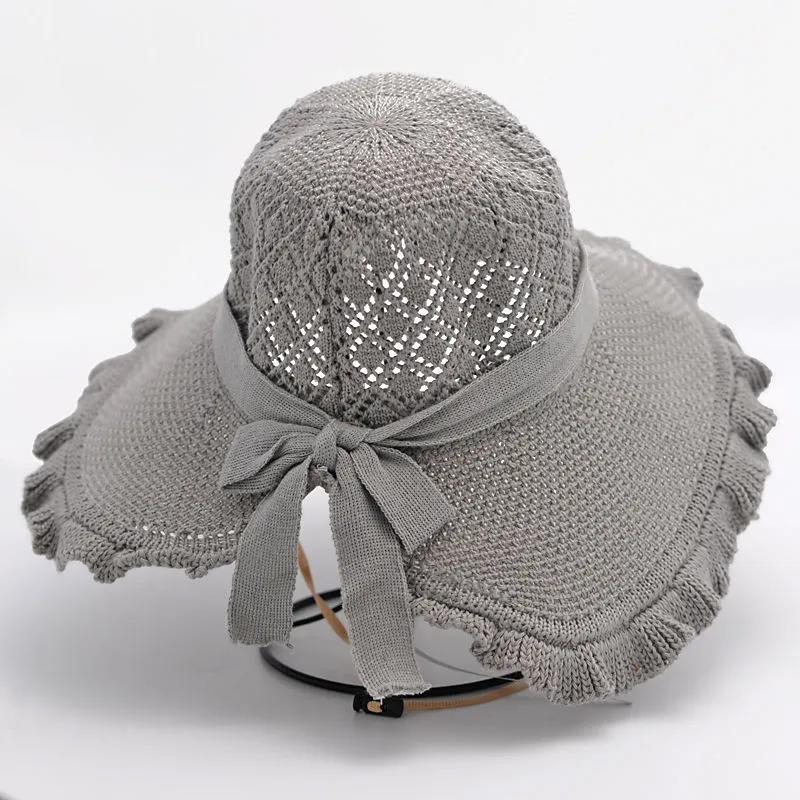 WTEMPO Women's Hollow-out Breathable Bow Wide Brim Sun Hats Solid Color  Elegant Casual Foldable Summer Outdoor Sunscreen Hats