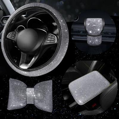 4Pcs Diamond Crystal Car Steering Wheel Cover Shift Gear Cover Armrest Pad Cushion Headrest Decor Car Accessories Set for Women