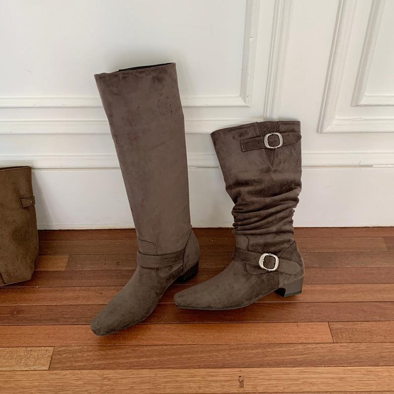 European and American style tall and thin, wrinkled piled boots, new square head thick heel belt buckle, one pedal knight boots women