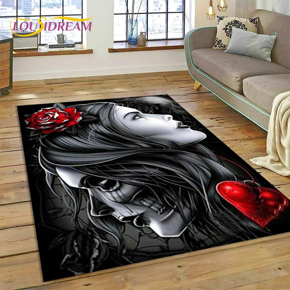 Skull Dead Girl Gothic Horror Female Rose Carpet Rug for Bedroom Living Room Home Sofa Decoration,Kid Game Large Decor Floor Mat