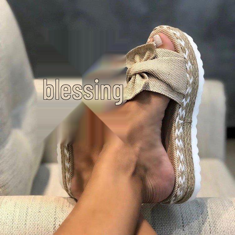 2025 Summer Women's Bow Beach Wedge Sandals - European/American Style, Thick Sole, Hemp Rope, Large Size