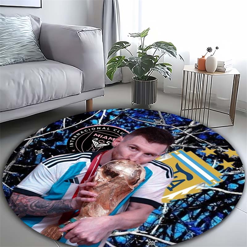 World Cup Trophy Soccer Star Portrait Print Round Area Rug Non‑Slip Circular Floor Mat Sport Fan Home Decor for Living Bedroom Gaming Room