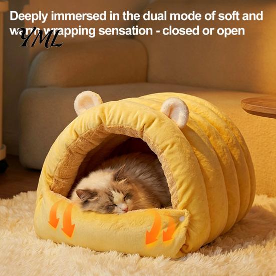 Resilient PP Cotton Cat House Cave Bed, Warm Semi Enclosed Hideaway, Winter Sleeping Easy Care Washable Pet Bag with Snap Buttons, Cozy Calming