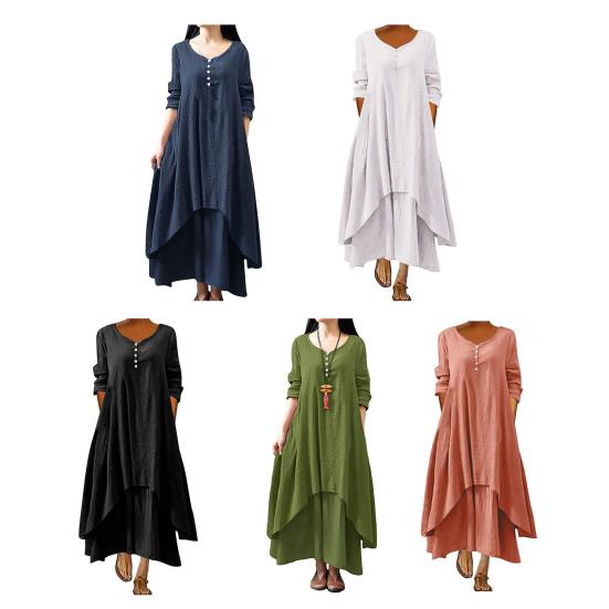 Women Maxi Dress with Pockets Ninth Sleeves Round Neck Irregular Layered Hem Beach Dress Plus Size Loose Solid Color