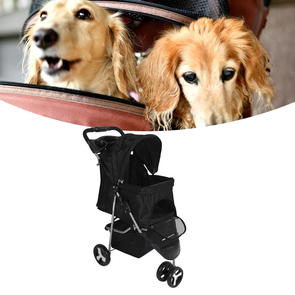 Pet Stroller Foldable Breathable Visible Mesh Dog Cat Carrier Cart with Storage Basket and Cup Holder for Outdoor