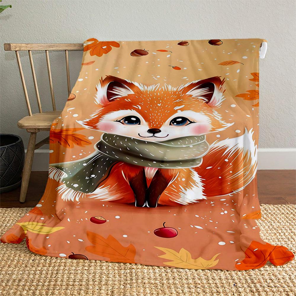1PC Autumn FoxOutdoor Flannel Blanket - Soft Plush Decor for Picnics, Camping, Bedroom, Playroom, Office, or Lunch Break 1349A