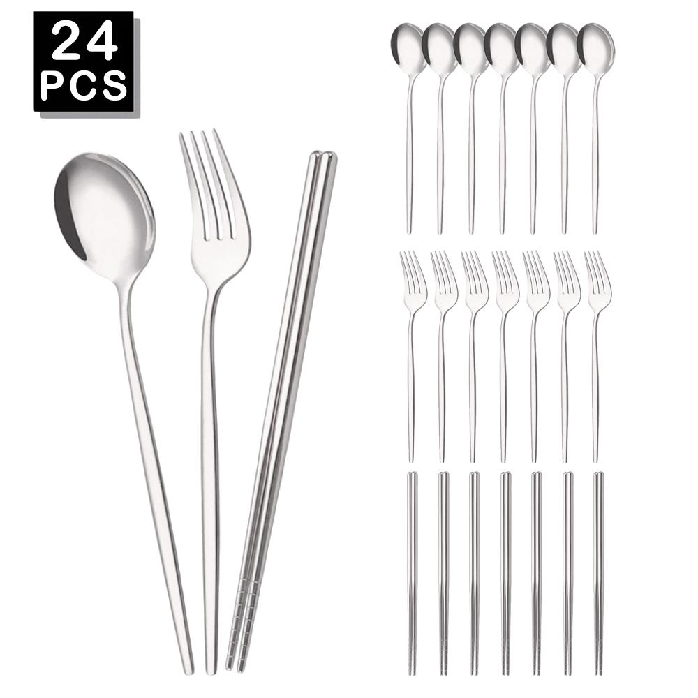Golden Korean Tableware Set 24Pcs Luxury Cutlery Set Stainless Steel Dinnerware Fork Spoon Chopsticks Flatware Set