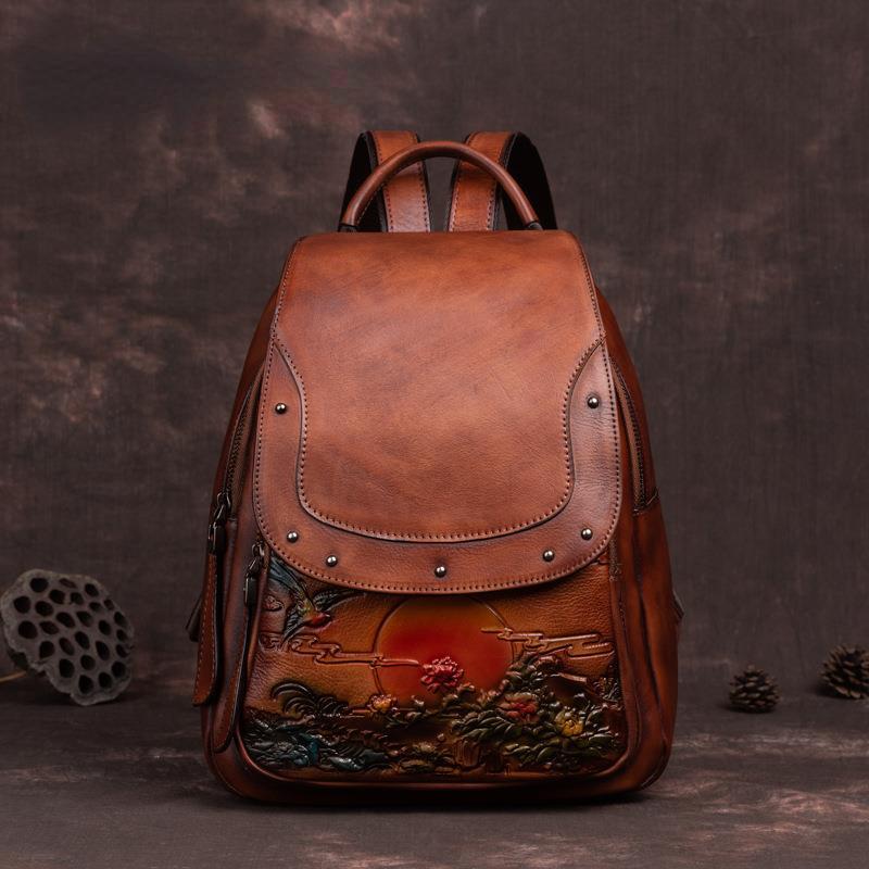 Vintage Embossed Large Capacity Women Backpack Genuine Leather Bag 2024 New Leisure Nature Soft Cowhide Travel Bags