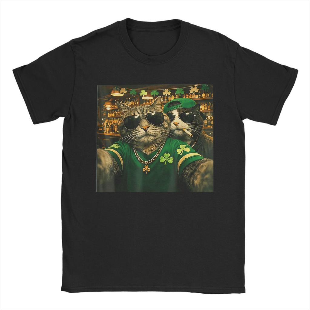 St Patricks Day Cat Selfie with Leprechaun Funny Photo T Shirt Beach Cotton T Shirts For Unisex Harajuku Casual Tee Shirt