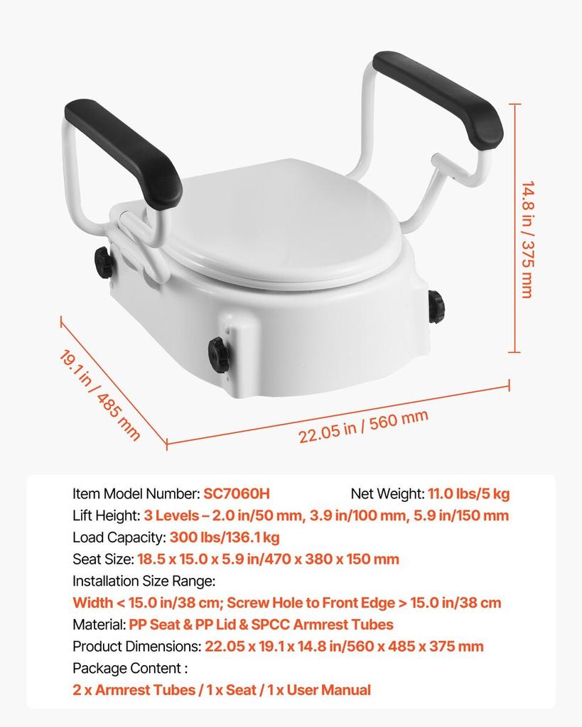Raised Toilet Seat with Arms, 136.1 kg Load Capacity, 3-Level Adjustable Height, Widened Commode Elevated Toilet Seat Riser with Padded Handles for