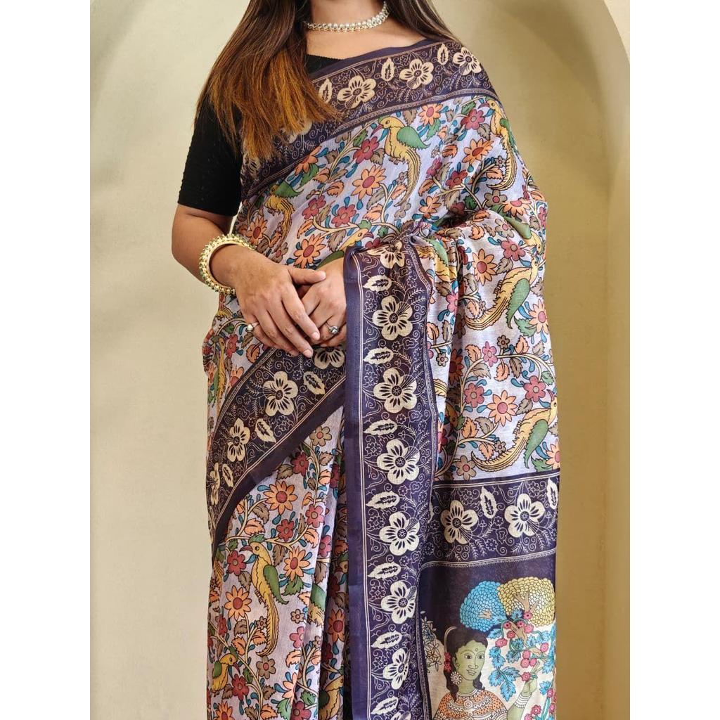 Weiche Baumwoll-Chanderi-Saris mit Kalamkari-Digitaldruckmuster, Quasten über dem Sari.