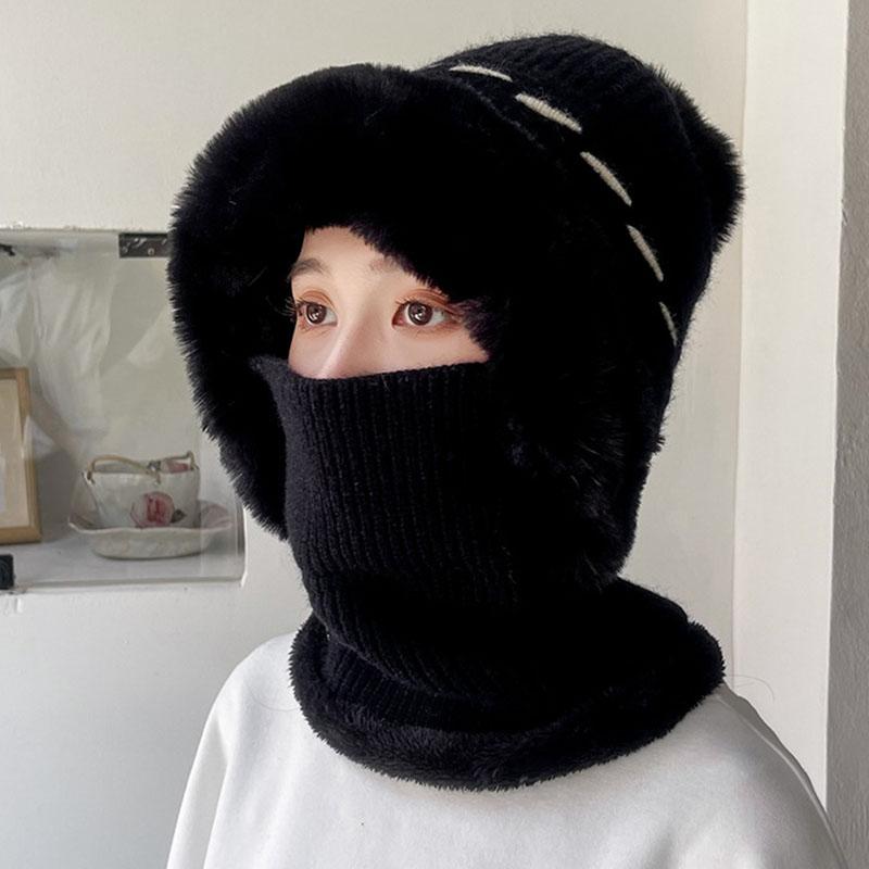 Winter-Plüsch-Skimütze, einteiliges Schal-Mützen-Set, Gesichtsmaske, Ohrenschutz, Strickmützen, Kunstfell-Pompon, Wollmützen, Nack, warm, für Outdoor-Wanderungen und Reiten